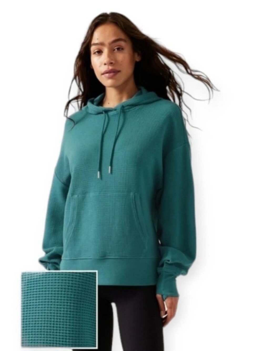 Athleta Balance Waffle Hoodie Sweatshirt Size 2X Teal Green Oversized Comfy